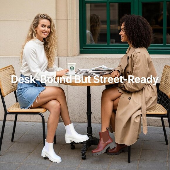 Vepose Women's White Faux Chelsea Leather Lug Sole Elastic Slip on Ankle Booties - Picture 2 of 9